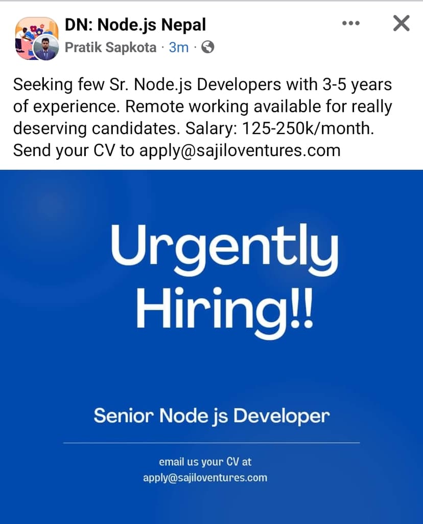 facebook developers nepal node js job post