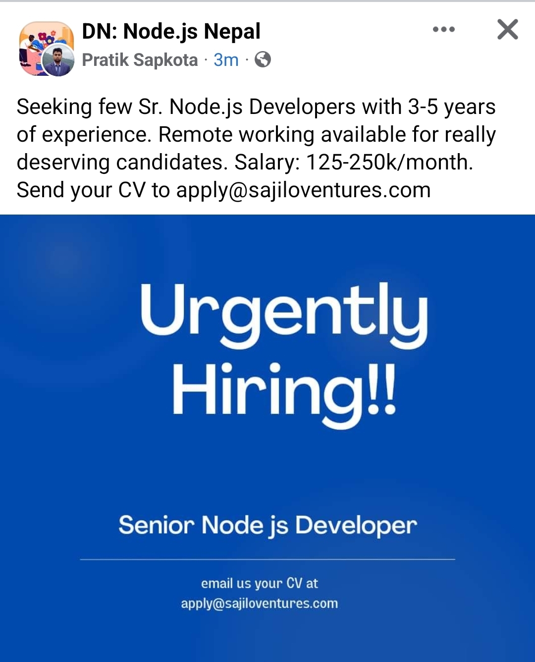 facebook sr nodejs developer job post